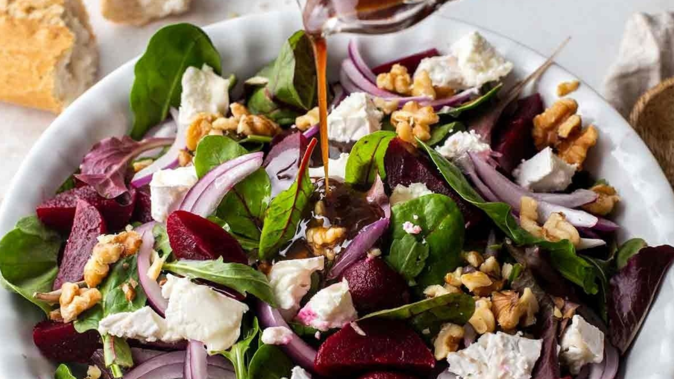 BEET, SPINACH, GOAT CHEESE SALAD WITH POMEGRANATE WALNUT DRESSING . NO SUGAR